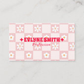 Retro Roze Rood QR Code Geruit Groovy Bloemig Visitekaartje (Voorkant)