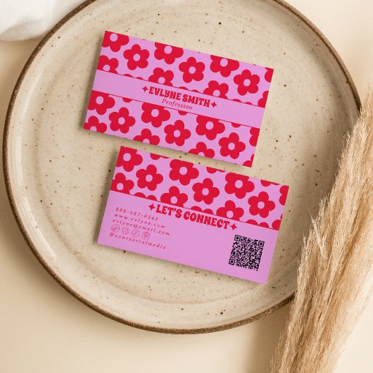 Retro Roze Rood QR Code Groovy Bloem Boho Meisjesa Visitekaartje