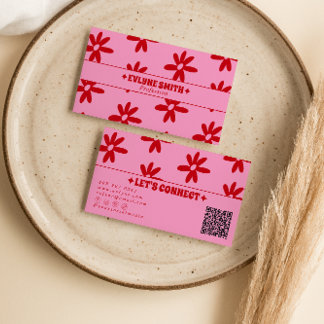 Retro Roze Rood QR Code Groovy Bloemig Meisjesacht Visitekaartje