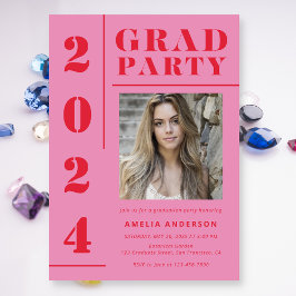Retro Roze Rood Typografie Foto Graduation Party Kaart