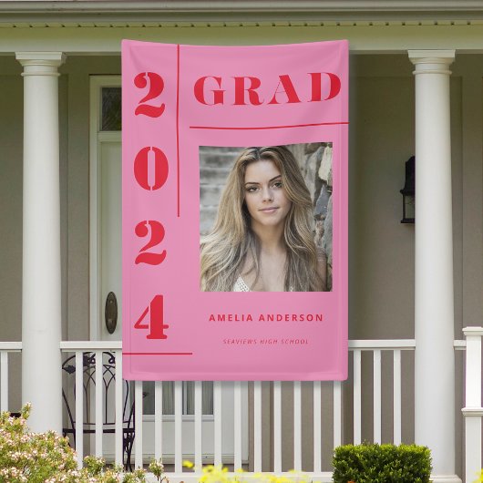 Retro Roze Rood Typografie Foto Graduation Party Spandoek