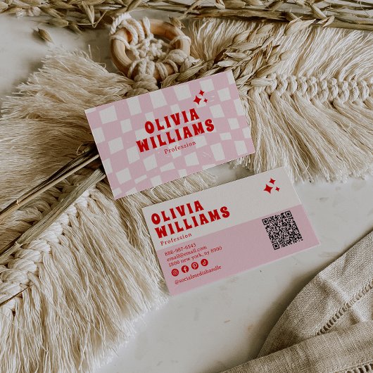 Retro Roze Rood Vetgedrukte Groovy QR Code Girly G Visitekaartje