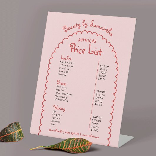 Retro Roze Rood Whimsical Arch Girly Prijzen Menu Reclamebord Met Voetstuk