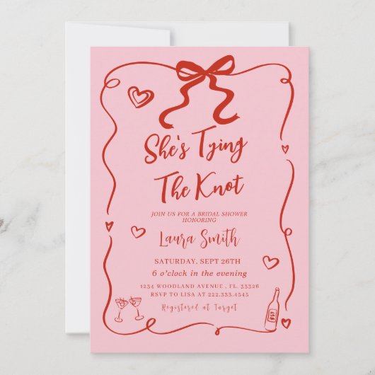 Retro roze rood Ze bindt het knoop Vrijgezellenfee Kaart (Voorkant)