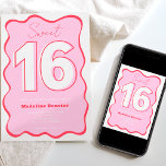 Retro roze roze golven vierkant vet Sweet 16 Kaart<br><div class="desc">Klaar om je lieflijke 16 verjaardagsfeestje te verpesten? Onze uitnodiging voor de rode rode roze 16 zal je dag een beetje creativiteit bieden! Met een overmaatse vetgedrukte 16-lettertypen met overlijnen (alle kleuren zijn bewerkbaar) in retroroze en rood,  met ongekend retro-golvende lijst.</div>