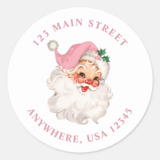 Retro roze santa retro adreslabel ronde sticker (Voorkant)