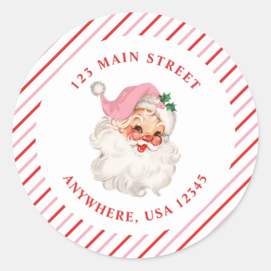 Retro roze santa retro adreslabel ronde sticker (Voorkant)