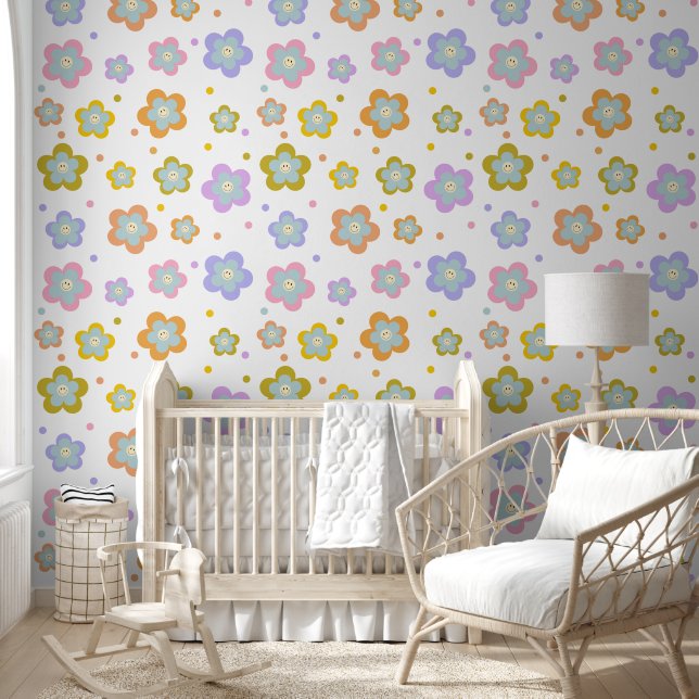Retro Roze Schattigee Bloemen Behang (Kinderen)