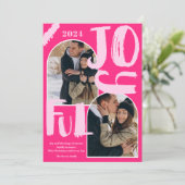 Retro roze script 2 foto's arch Vrolijke Kerstmis Feestdagenkaart (Staand voorkant)