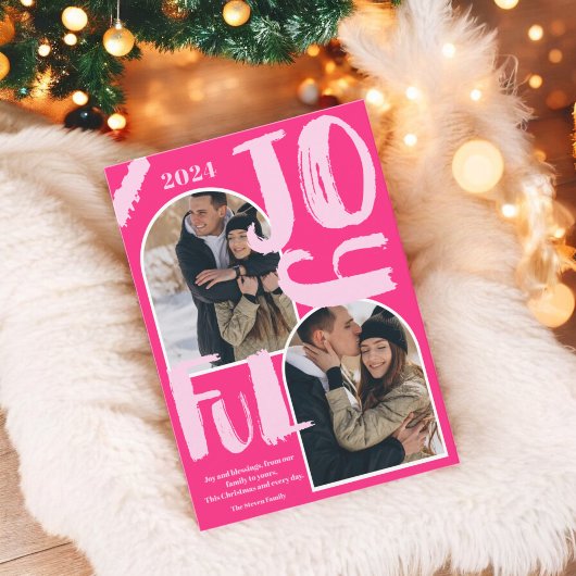 Retro roze script 2 foto's arch Vrolijke Kerstmis Feestdagenkaart