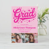 Retro Roze Script Sterren 3-Foto Graduation Party Kaart (Staand voorkant)