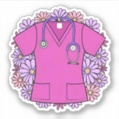 Retro Roze Scrub Top met Bloemen Sticker (Voorkant)