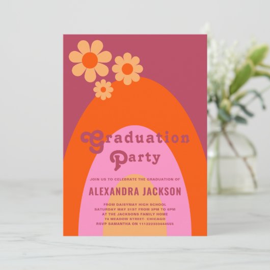 Retro Roze Sinaasappel Afstuderen Partij Kaart (Staand voorkant)