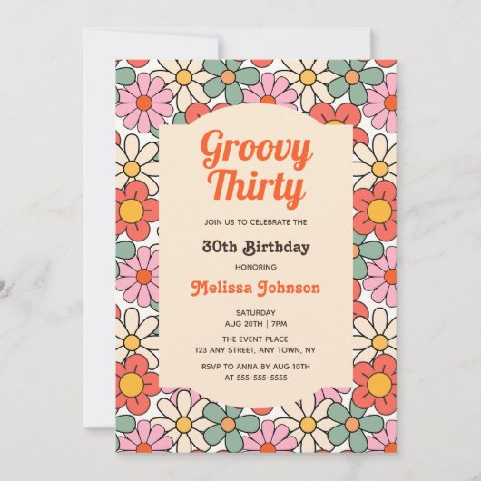 Retro Roze Sinaasappel Bloemen Groovy 30e Verjaard Kaart (Voorkant)