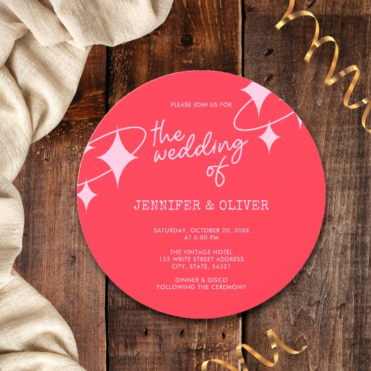 Retro Roze Sinaasappel Disco Ball Bruiloft Kaart