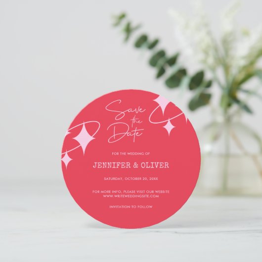 Retro Roze Sinaasappel Disco Ball Bruiloft Save th Kaart (Staand voorkant)