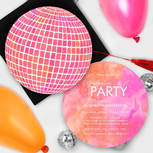 Retro Roze Sinaasappel Disco Ball Graduation Party Kaart