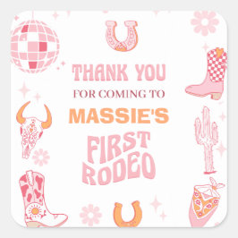 Retro Roze Sinaasappel Eerste Rodeo 1e verjaardag Vierkante Sticker