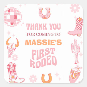 Retro Roze Sinaasappel Eerste Rodeo 1e verjaardag Vierkante Sticker