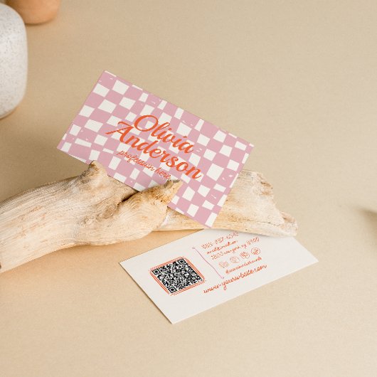 Retro Roze Sinaasappel Geruit Groovy Girly QR Code Visitekaartje