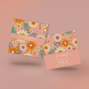 Retro Roze Sinaasappel Groovy Floral Boho Girly Tr Vierkante Visitekaartje