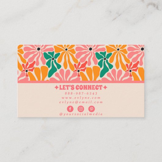Retro Roze Sinaasappel Groovy Floral Boho Girly Tr Visitekaartje (Achterkant)