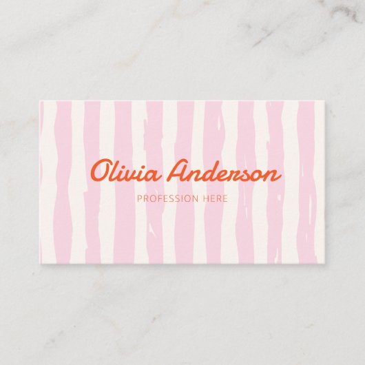 Retro Roze Sinaasappel Handgeschreven Gestreept Gi Visitekaartje (Voorkant)