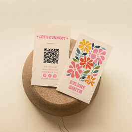Retro Roze Sinaasappel QR Code Groovy Bloemen Girl Visitekaartje