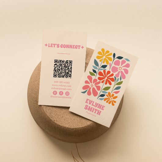 Retro Roze Sinaasappel QR Code Groovy Bloemen Girl Visitekaartje