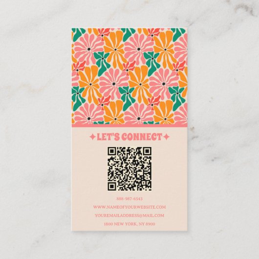 Retro Roze Sinaasappel QR Code Groovy Bloemen Tren Visitekaartje (Achterkant)