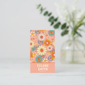 Retro Roze Sinaasappel QR Code Groovy Bloemen Tren Visitekaartje (Staand voorkant)