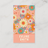 Retro Roze Sinaasappel QR Code Groovy Bloemen Tren Visitekaartje (Voorkant)