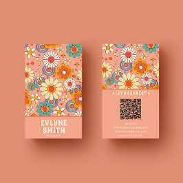 Retro Roze Sinaasappel QR Code Groovy Bloemen Tren Visitekaartje