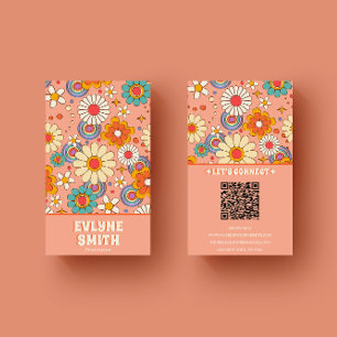 Retro Roze Sinaasappel QR Code Groovy Bloemen Tren Visitekaartje