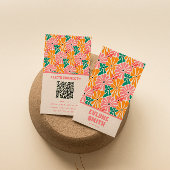 Retro Roze Sinaasappel QR Code Groovy Bloemen Tren Visitekaartje