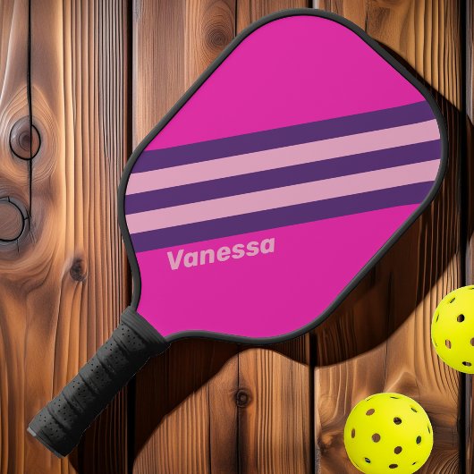 Retro Roze Sky Stripes met naam Pickleball Paddle