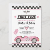 Retro Roze Snel Vijf Race Auto Meisje 5e Verjaarda Kaart (Voorkant)