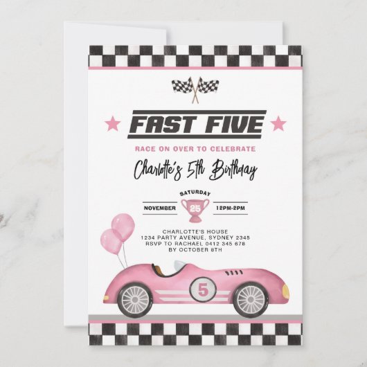Retro Roze Snel Vijf Race Auto Meisje 5e Verjaarda Kaart (Voorkant)