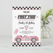 Retro Roze Snel Vijf Race Auto Meisje 5e Verjaarda Kaart (Staand voorkant)