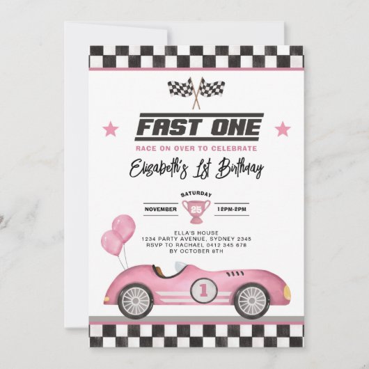 Retro Roze Snelle Een Race Auto Meisje 1e Verjaard Kaart (Voorkant)