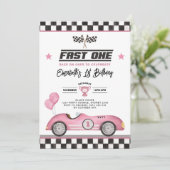 Retro Roze Snelle Een Race Auto Meisje 1e Verjaard Kaart (Staand voorkant)