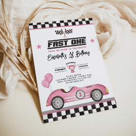 Retro Roze Snelle Een Race Auto Meisje 1e Verjaard Kaart