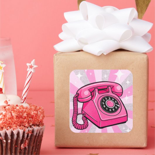 Retro Roze Sparkle Rotary Landline Telefoon Vierkante Sticker (Feest)