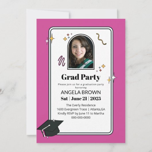 Retro roze squiggle golvend afstuderen uitnodiging (Achterkant)