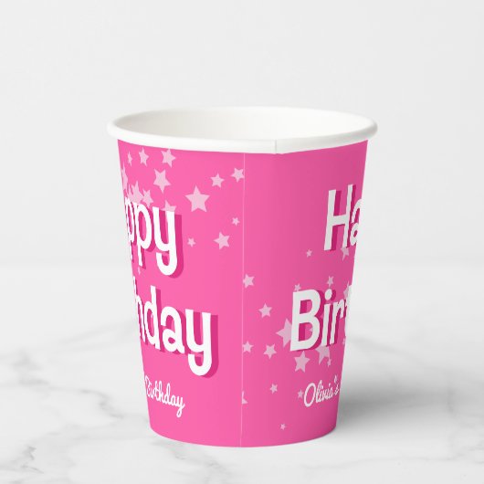 Retro  Roze Sterren Gelukkige Verjaardag Papieren Bekers (Rechts)