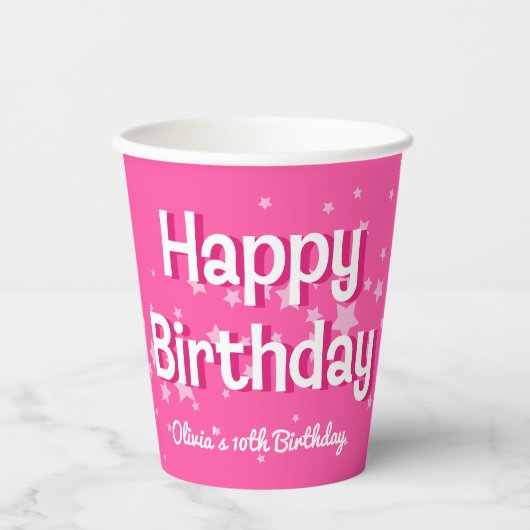 Retro  Roze Sterren Gelukkige Verjaardag Papieren Bekers (Voorkant)
