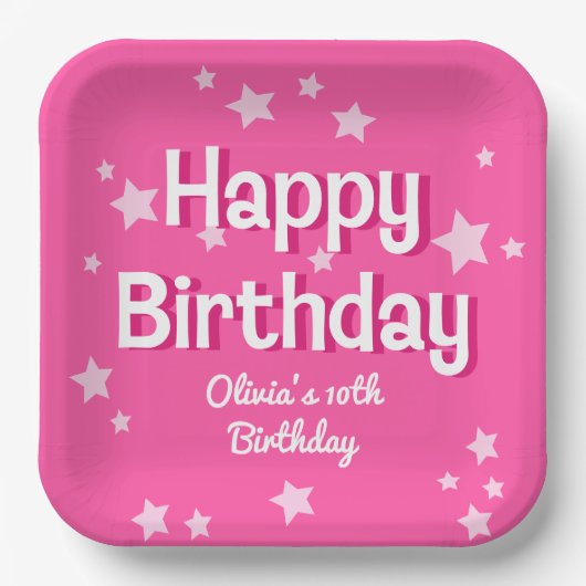 Retro  Roze Sterren Gelukkige Verjaardag Papieren Bordje (Voorkant)
