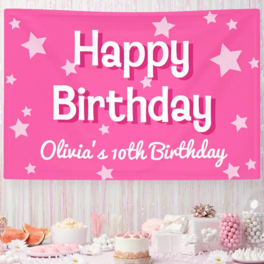 Retro  Roze Sterren Gelukkige Verjaardag Spandoek