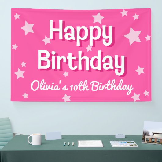 Retro  Roze Sterren Gelukkige Verjaardag Spandoek (Beurs)