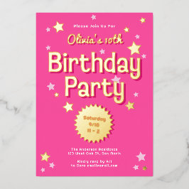 Retro Roze Sterren Verjaardagsfeest Folie Uitnodiging